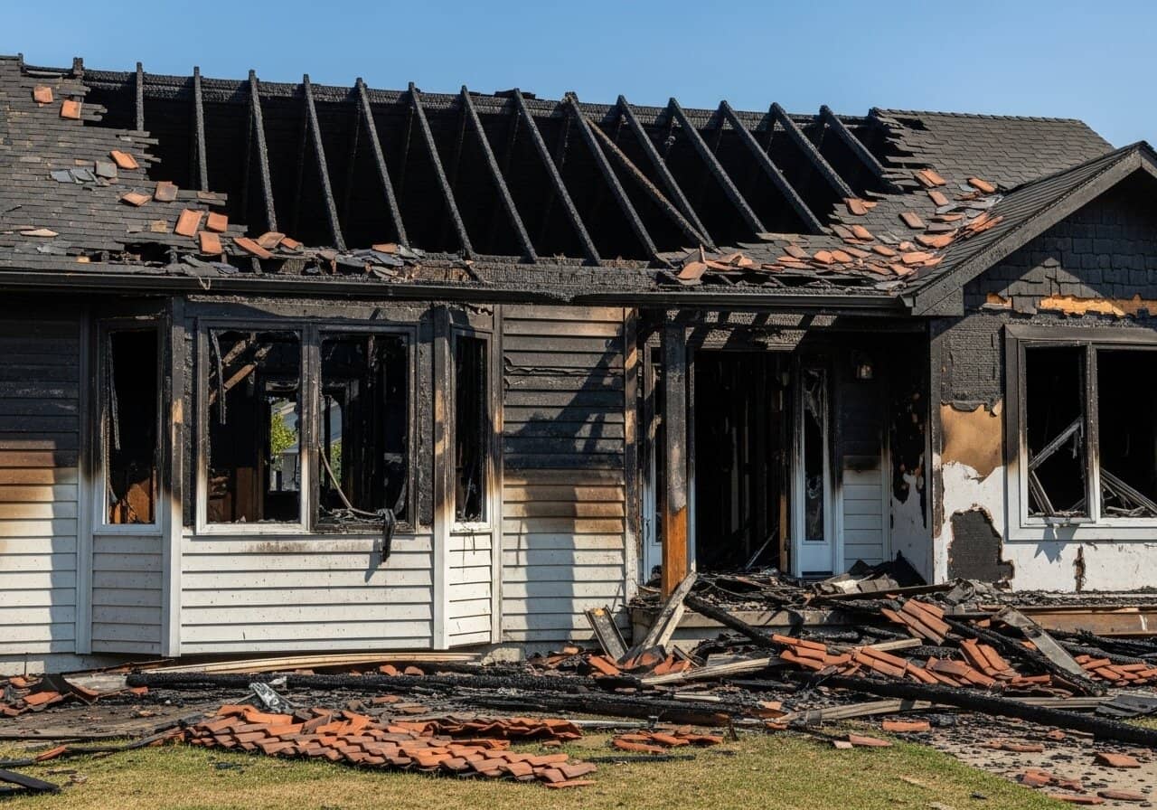 Fire-damaged house exterior with destroyed roof and siding in Greater Philadelphia requiring emergency restoration