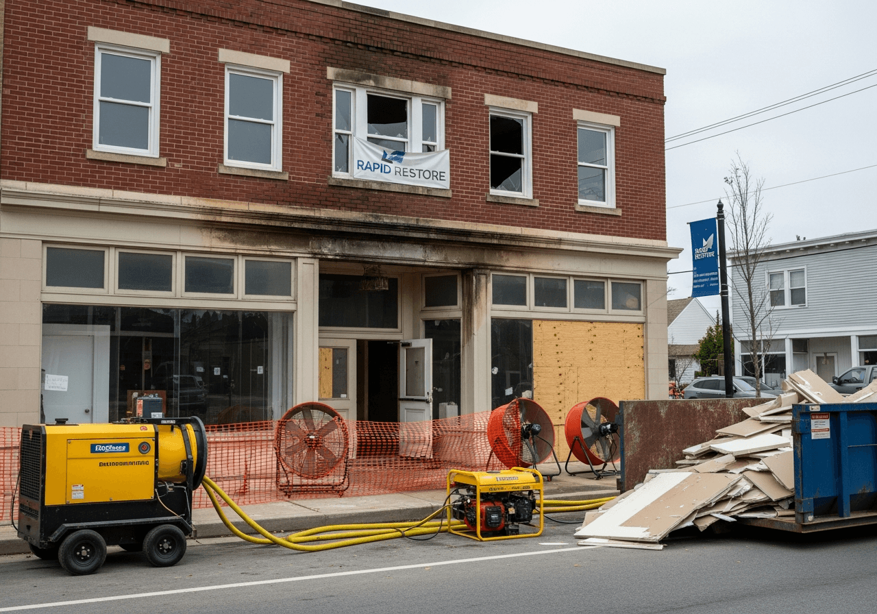 Illustration of commercial building disaster restoration in progress — Bulldog Cleaning & Restoration