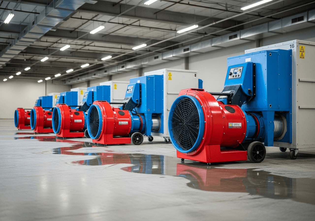 Illustration of large-loss drying equipment running in a commercial space during water damage restoration — Bulldog Cleaning & Restoration