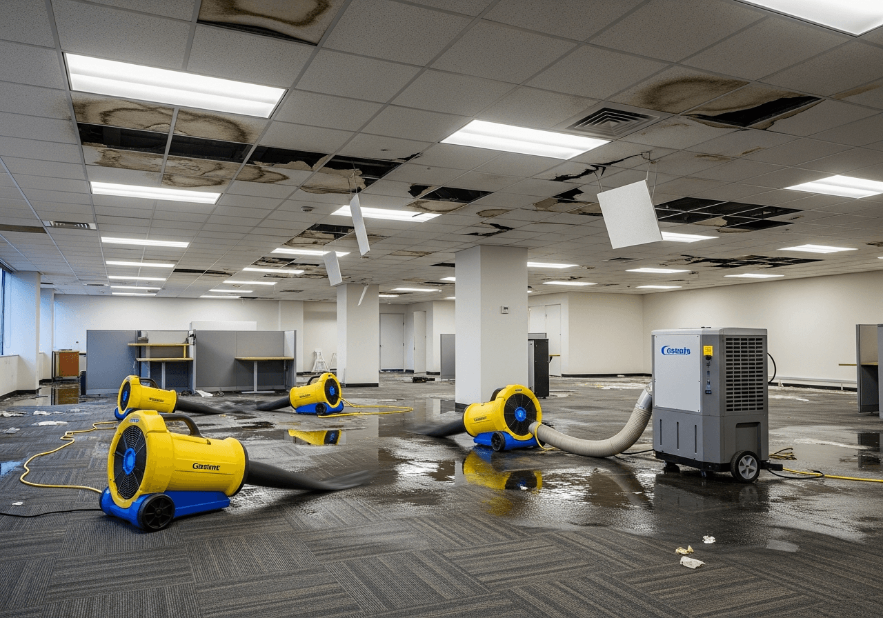 Illustration of commercial office water damage being dried with industrial air movers and dehumidifiers — Bulldog Cleaning & Restoration