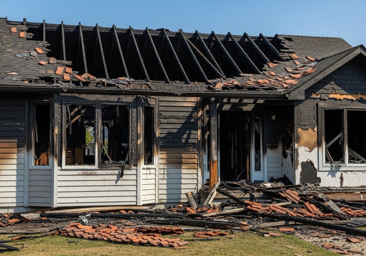 Fire-damaged house exterior with destroyed roof and siding in Greater Philadelphia requiring emergency restoration