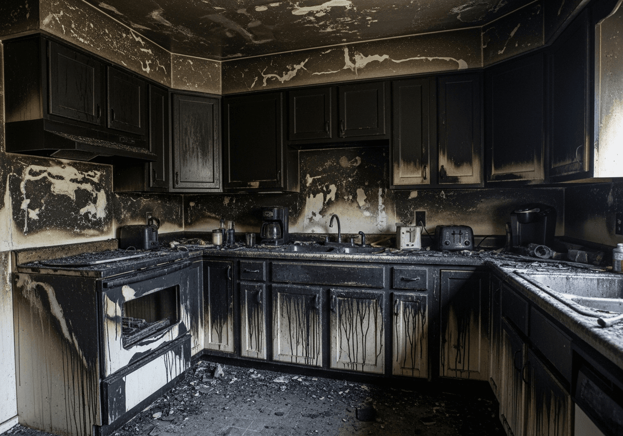 Illustration of smoke and soot damage in a residential kitchen after a fire requiring professional restoration — Bulldog Cleaning & Restoration