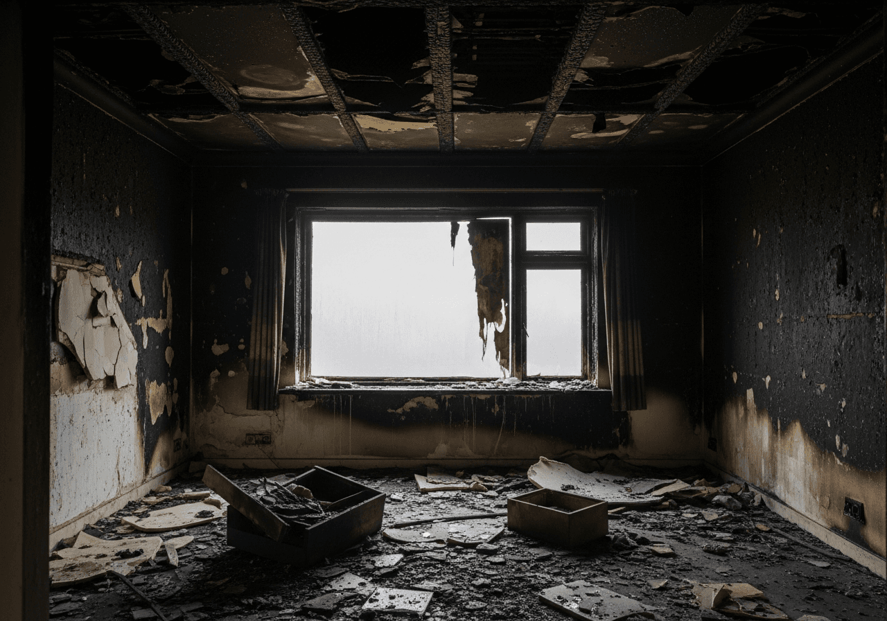 Illustration of soot and smoke residue covering interior walls and ceiling after a house fire — the kind of damage Bulldog Cleaning & Restoration cleans and restores