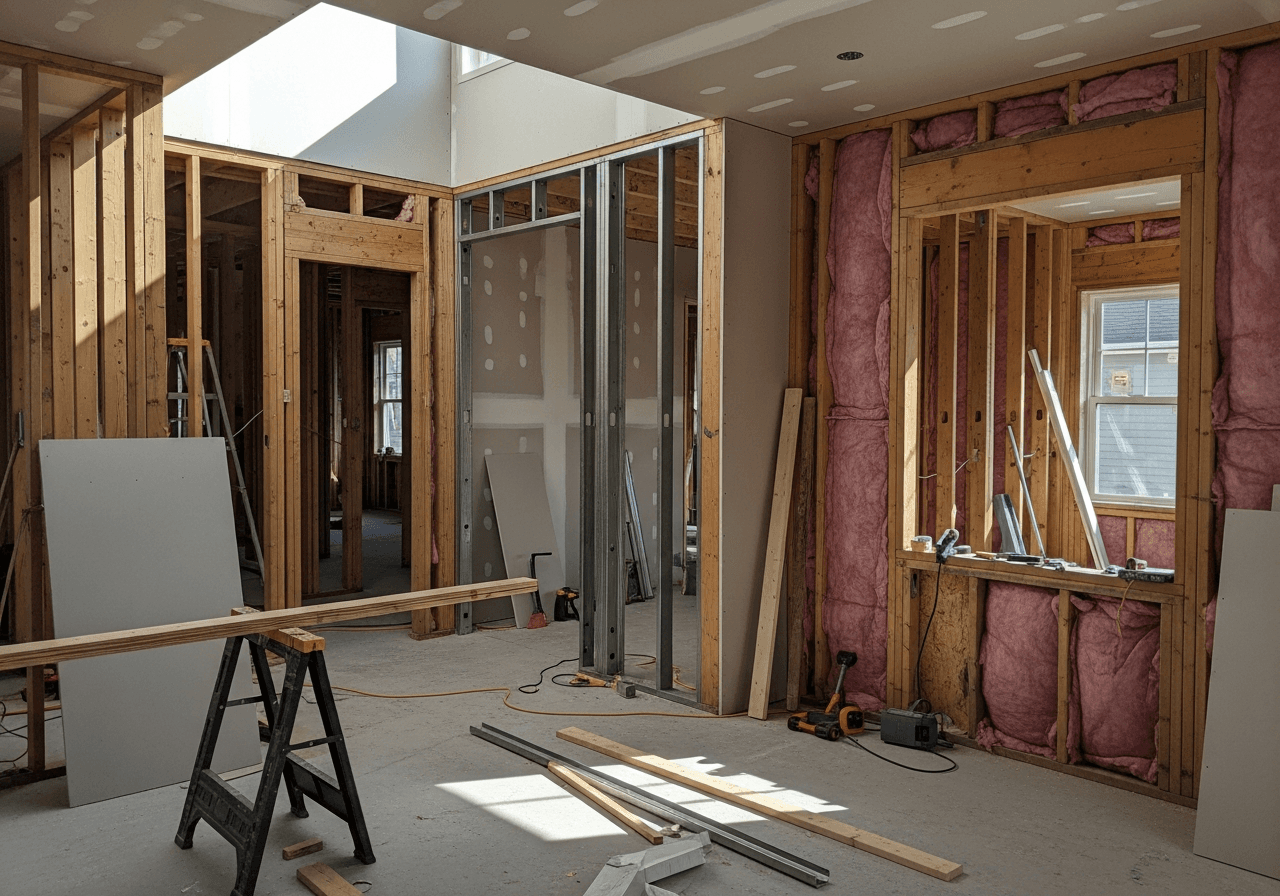 Illustration of home interior reconstruction with new framing and drywall being installed — Bulldog Cleaning & Restoration