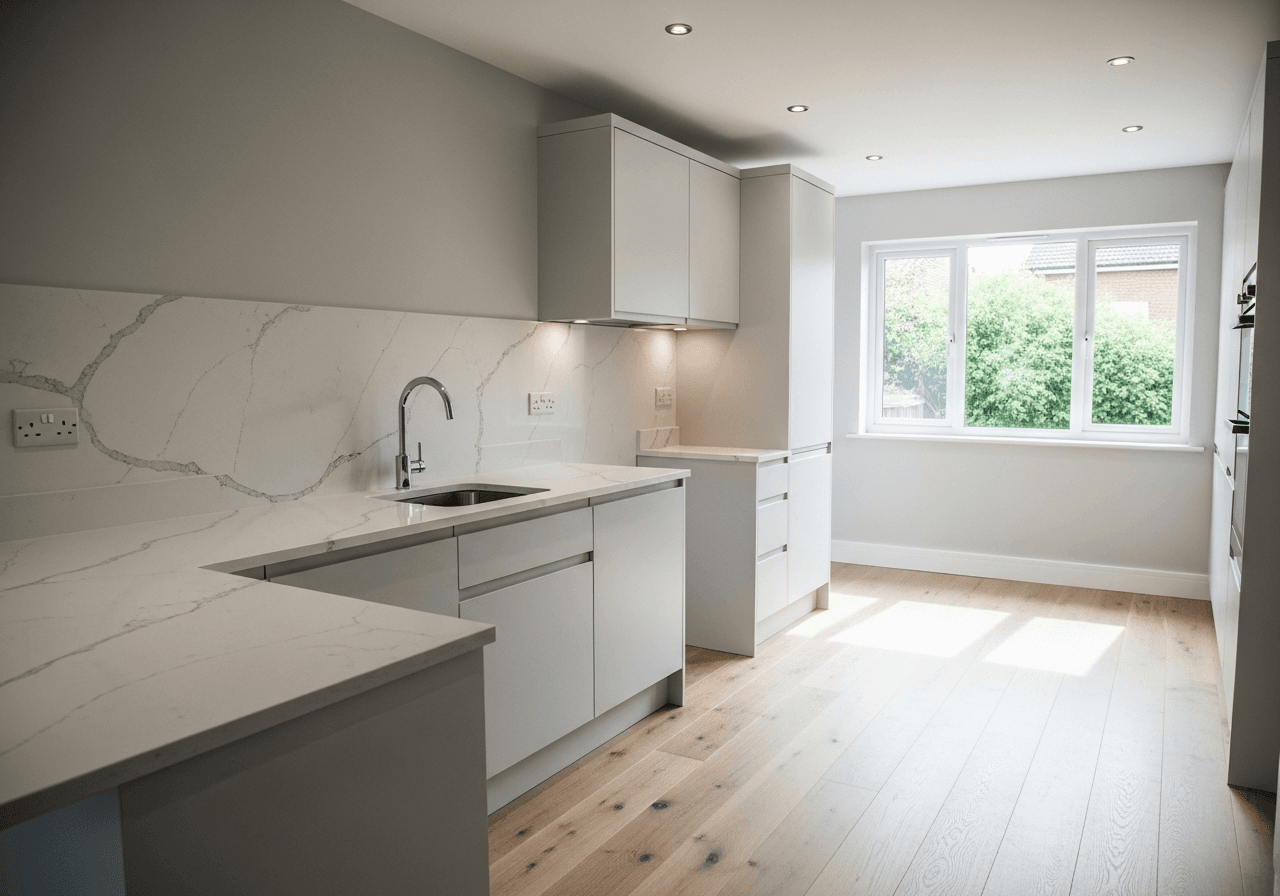 Illustration of a newly rebuilt and finished kitchen after post-disaster reconstruction — Bulldog Cleaning & Restoration