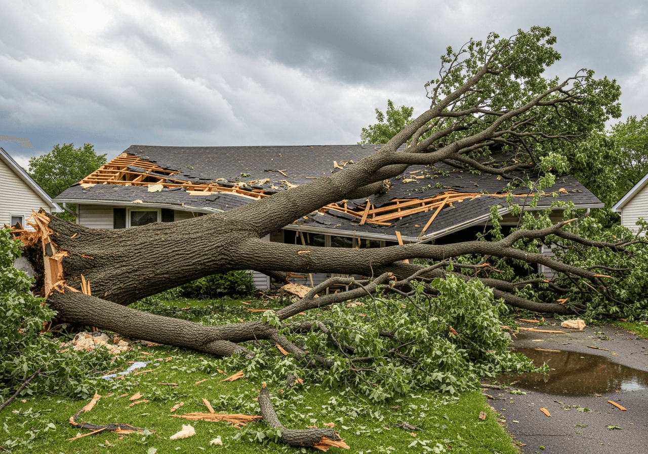 Illustration of a large tree fallen on a house after a severe storm requiring debris removal and restoration — Bulldog Cleaning & Restoration