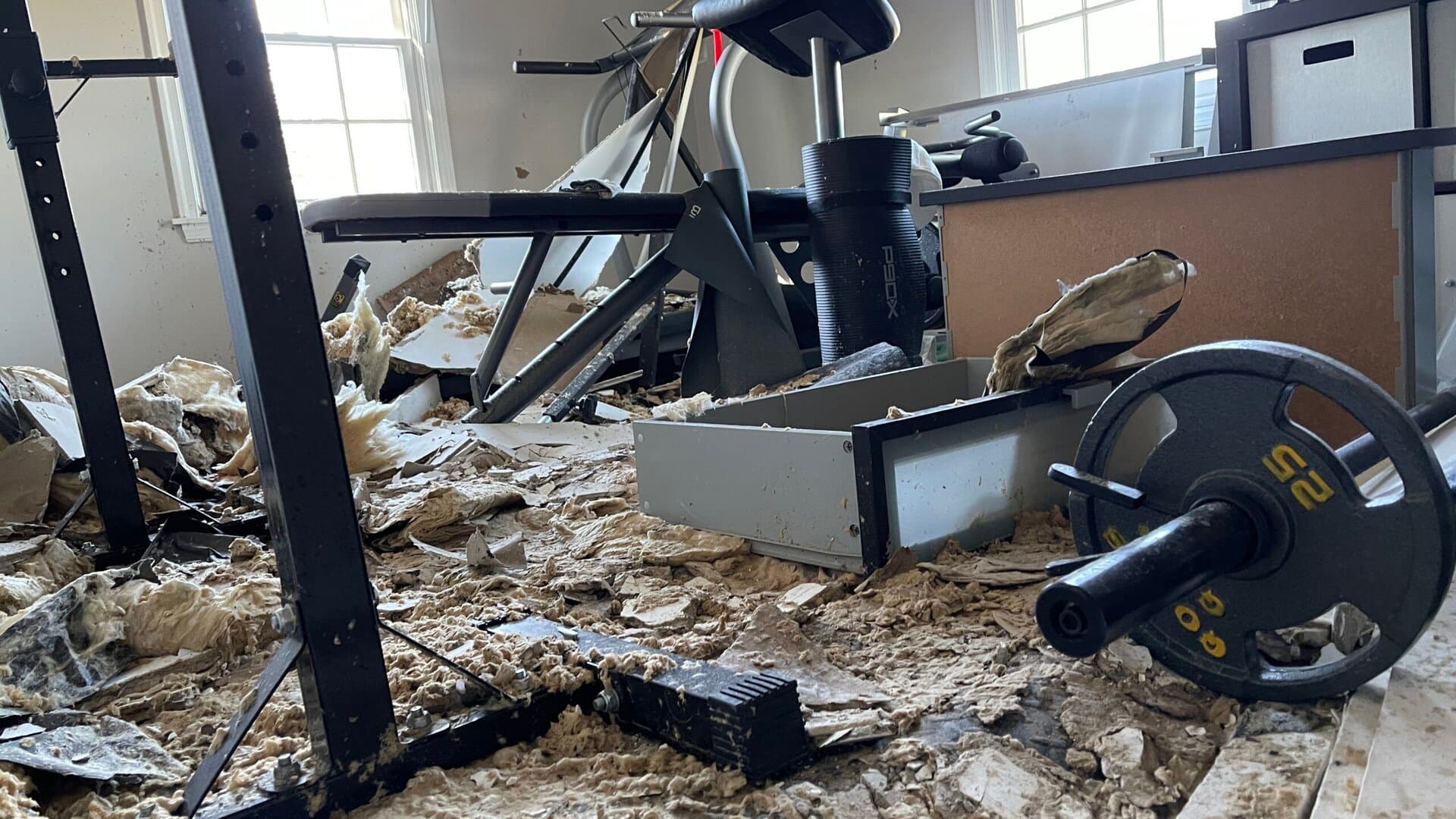 Interior water damage from storm intrusion requiring emergency restoration — Bulldog Cleaning & Restoration