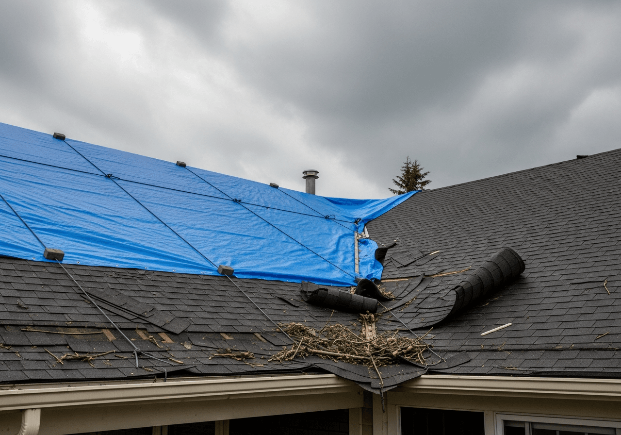 Illustration of an emergency blue tarp installed on a storm-damaged roof to prevent further water intrusion — Bulldog Cleaning & Restoration