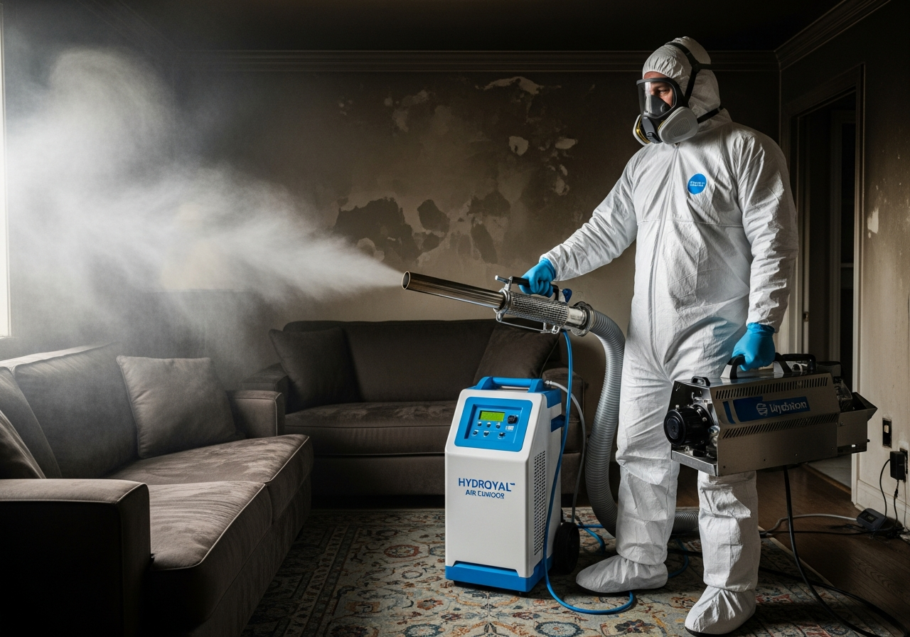 Restoration technician in protective gear using a thermal fogger and hydroxyl air scrubber to remove smoke odor from a fire-damaged room