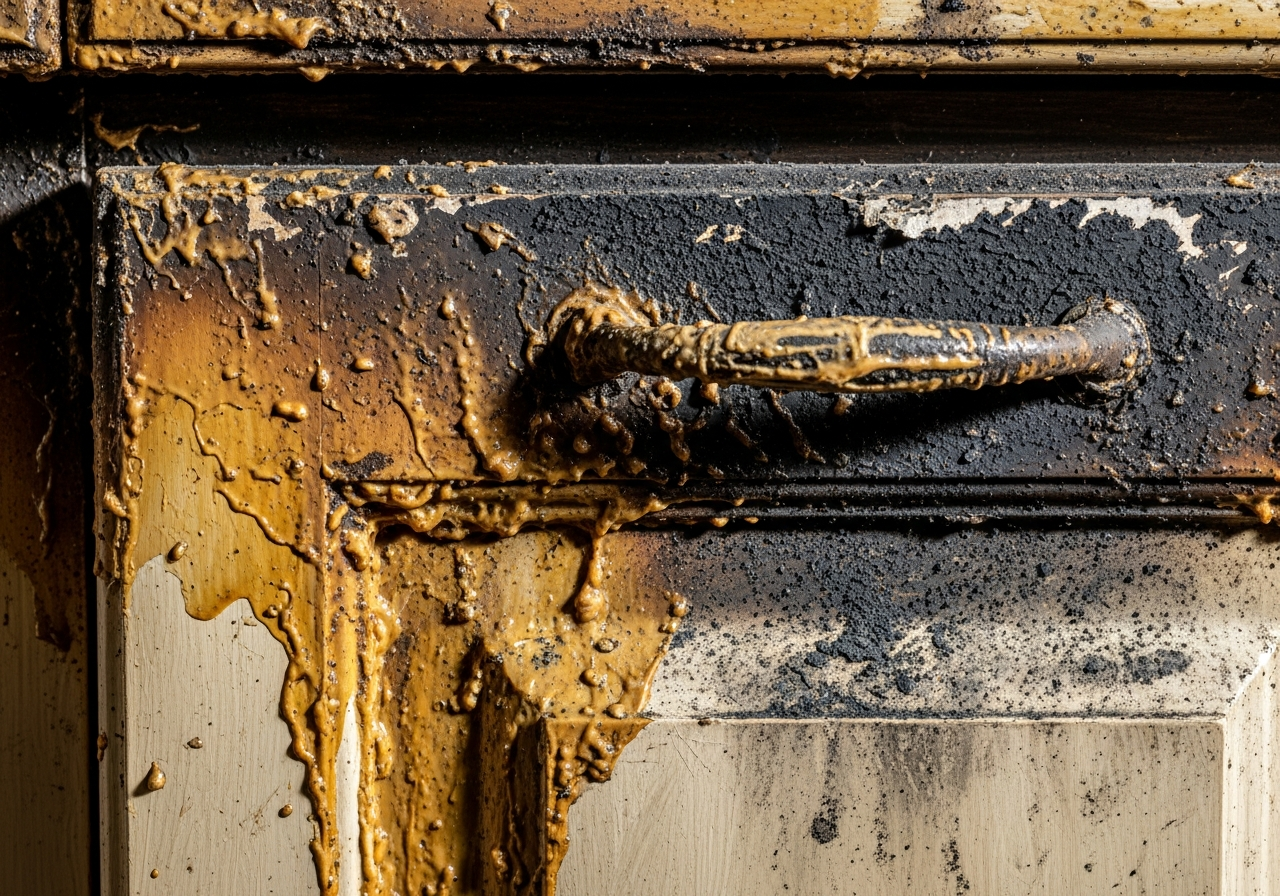 Greasy yellow-brown protein-fire residue and dry black soot coating kitchen cabinets after a cooking fire